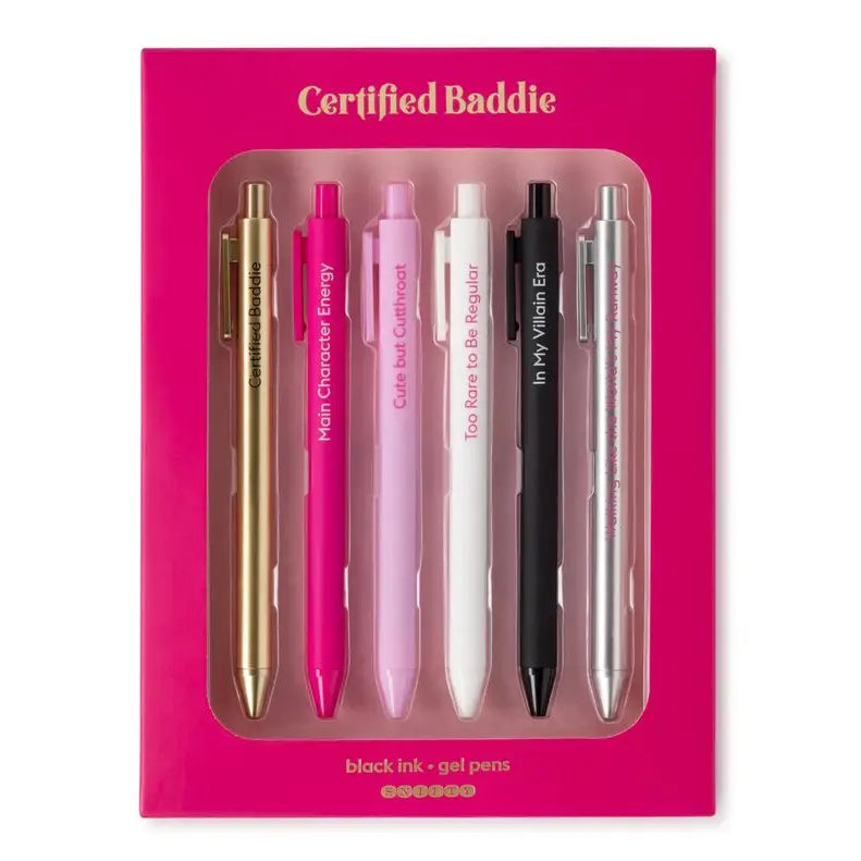 Set of 6 pens in a 'Certified Baddie' branded packaging on a white background.
