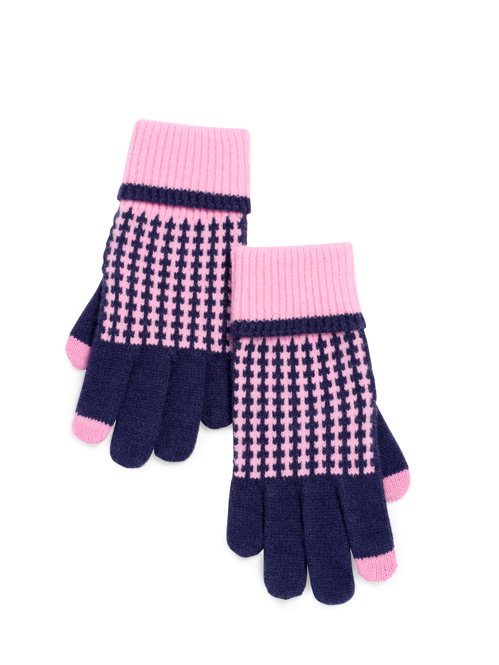 pink and navy houndstooth pattern gloves with pink cuff