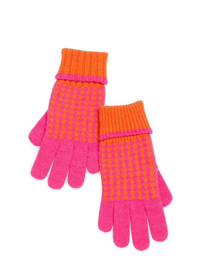 hot pink and orange houndstooth pattern gloves with orange cuff