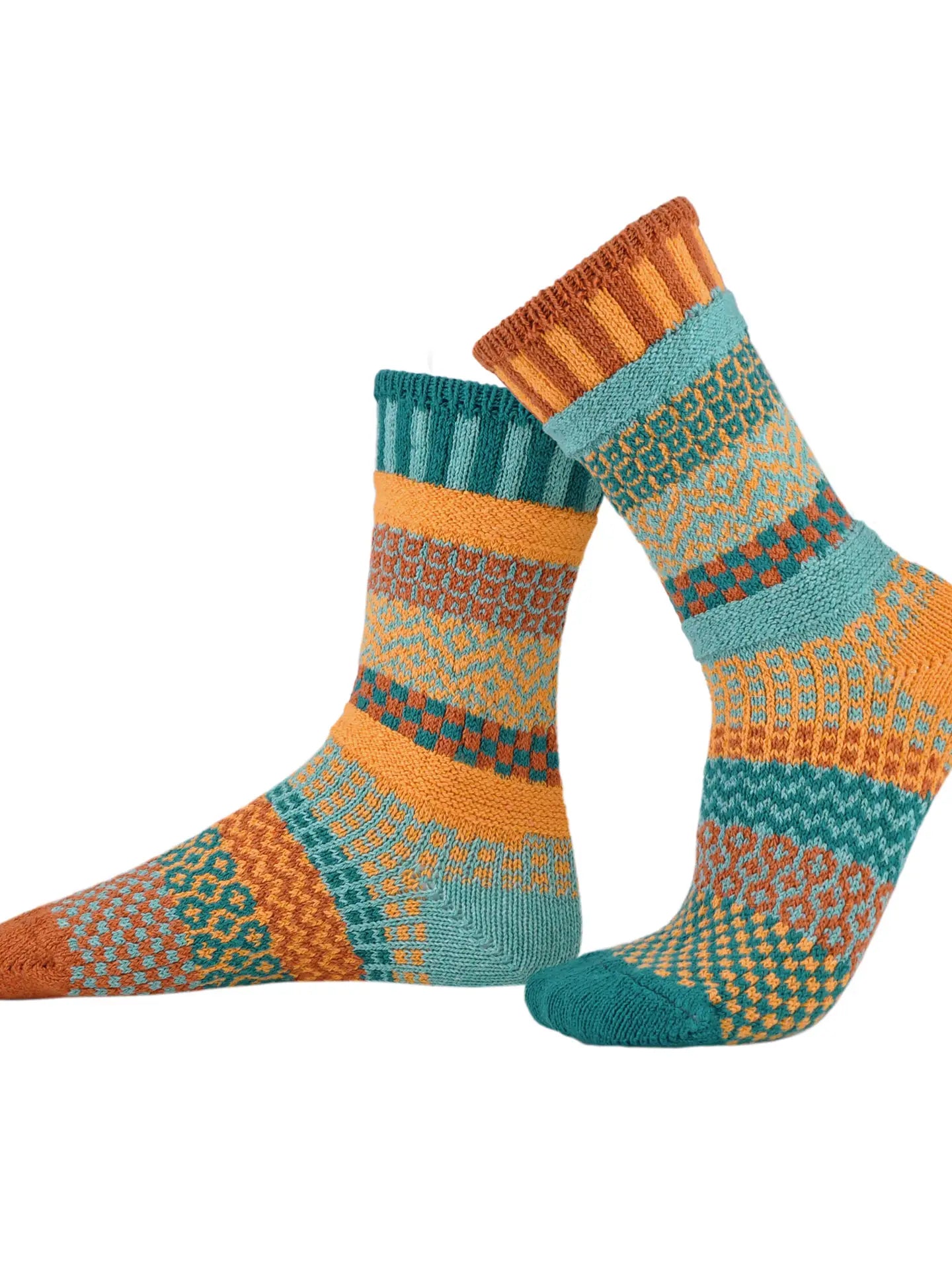 pair of Dune Crew Socks with similar but mismatched patterns shown on a white background