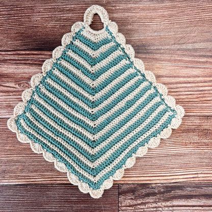 blue and off-white striped crocheted pot holder.