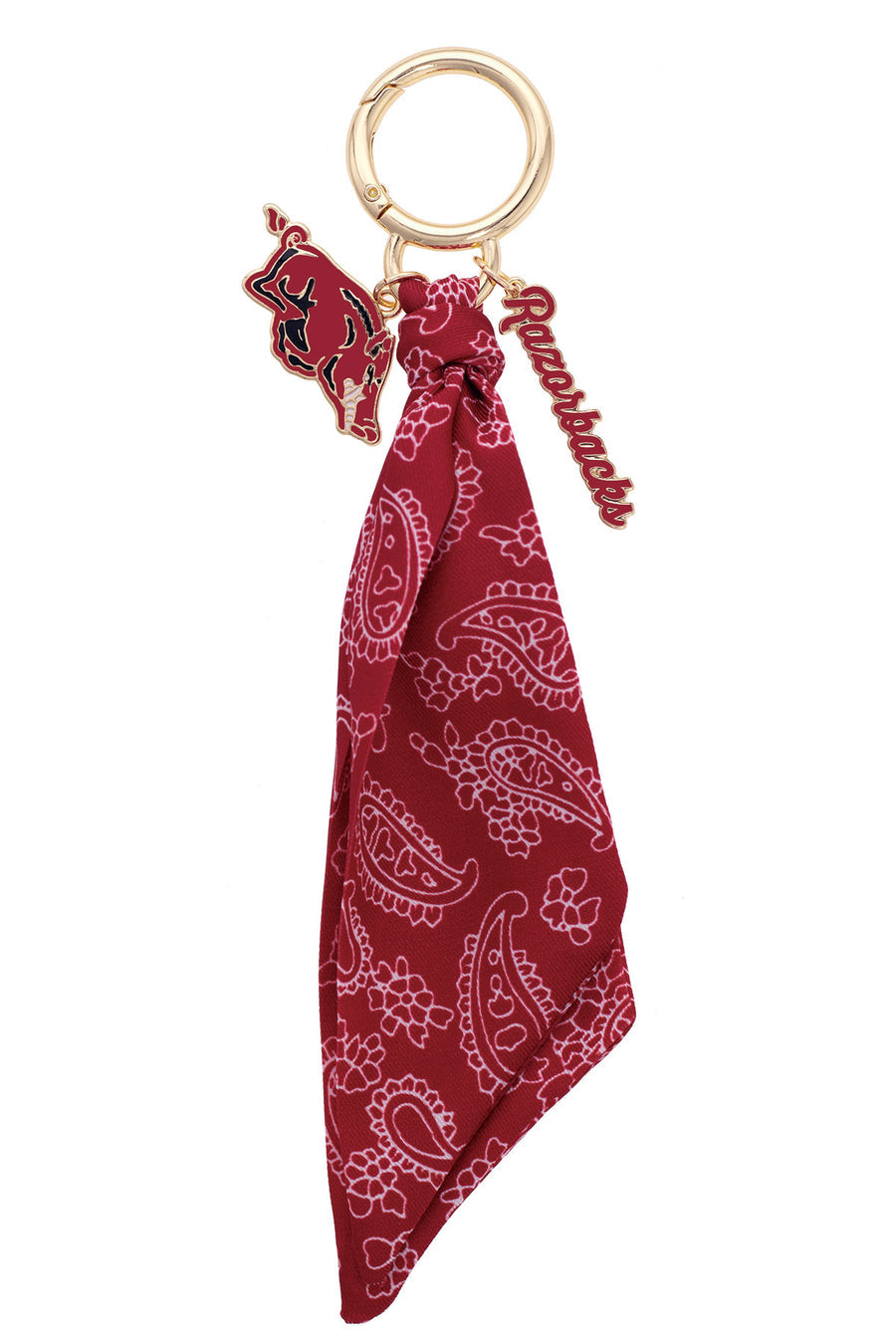 arkansas razorback bag charm with razorback charm, hog charm, and a bandana
