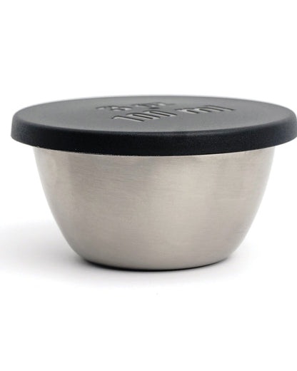 stainless steel bowl with black lid shown on a white background