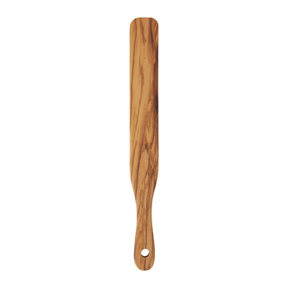 An olive wood spurtle with a smooth finish and a hole for hanging.
