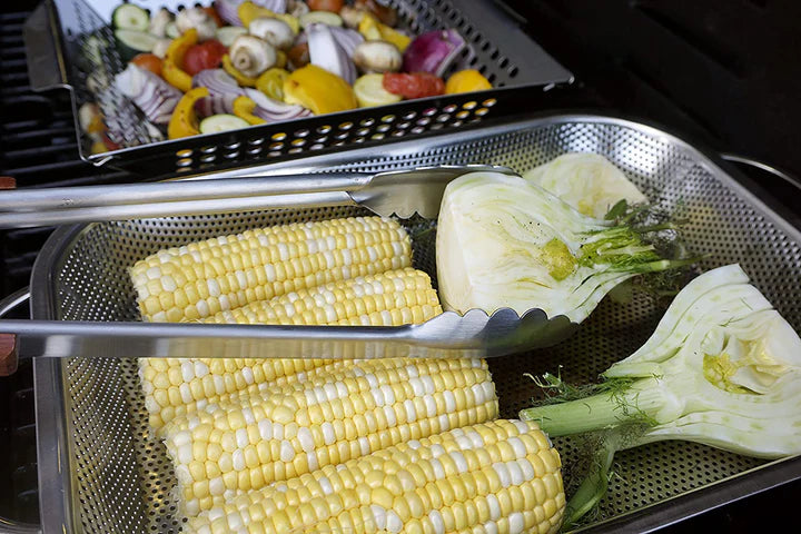 BBQ Roasting Pan on a grill and filled with veggies