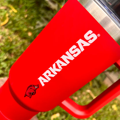 close-up of razorback tumbler.