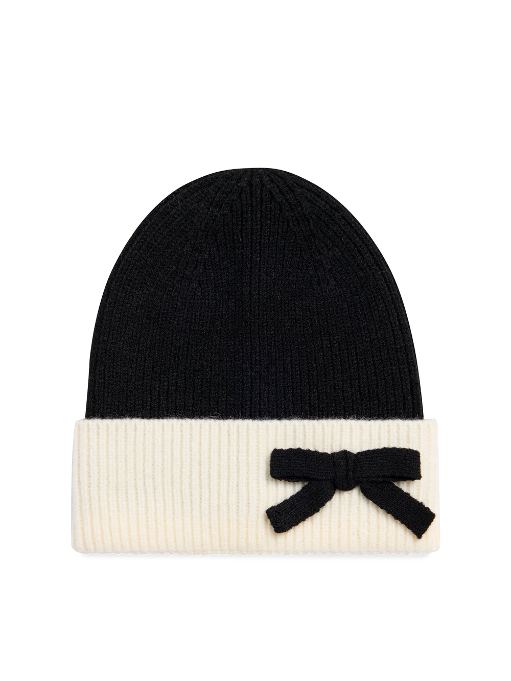 black beanie with cream cuff and black bow
