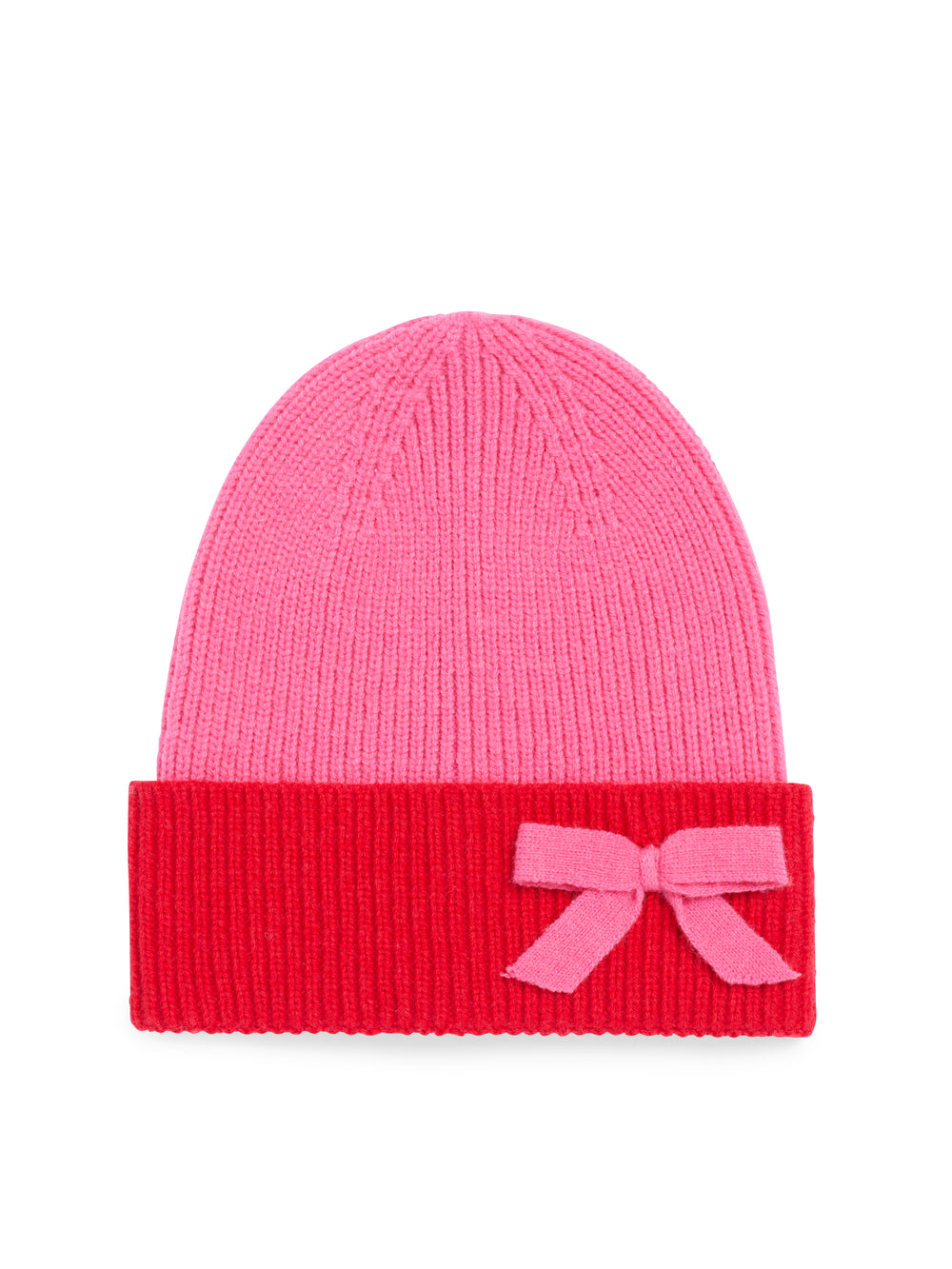 pink beanie with red cuff and a pink bow