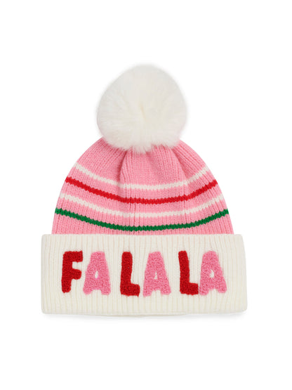 pink Fa La La pom Beanie with red and green stripes