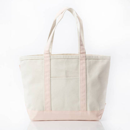 off white tote with pale pink trim and handles