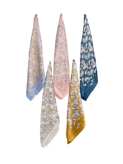 5 colors of Silky Paisley Scarfs draped on a white background