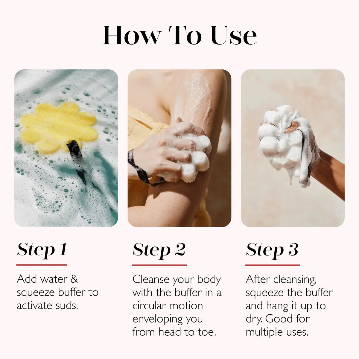 Instructions on how to use the bath sponge  for cleansing with images and text.