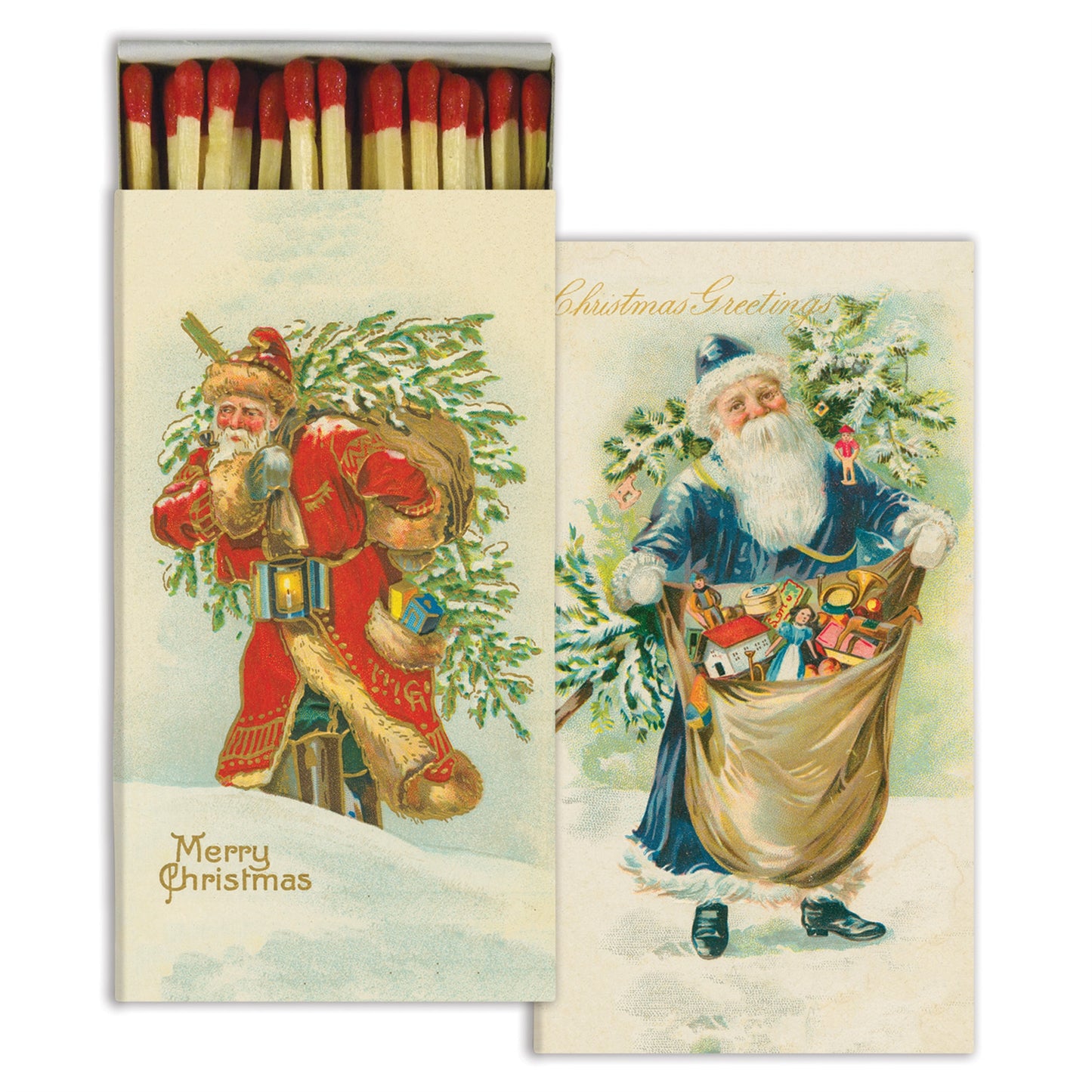 box of matches printed with vintage santas, one side he's wearing a red coat, the other a blue coat, filled with red tip matches.