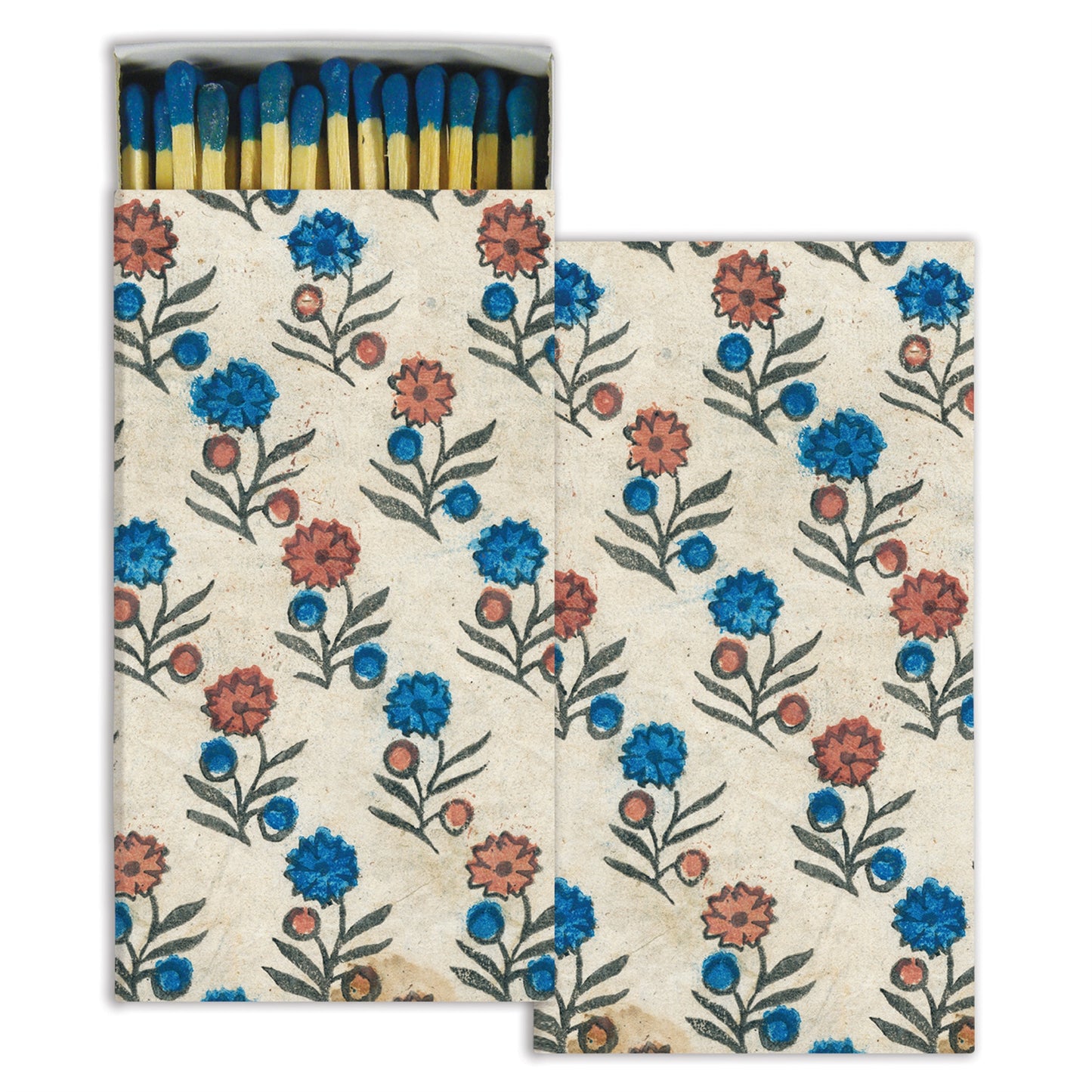 match box printed with blue and red flower pattern partially open showing blue tip matches inside.