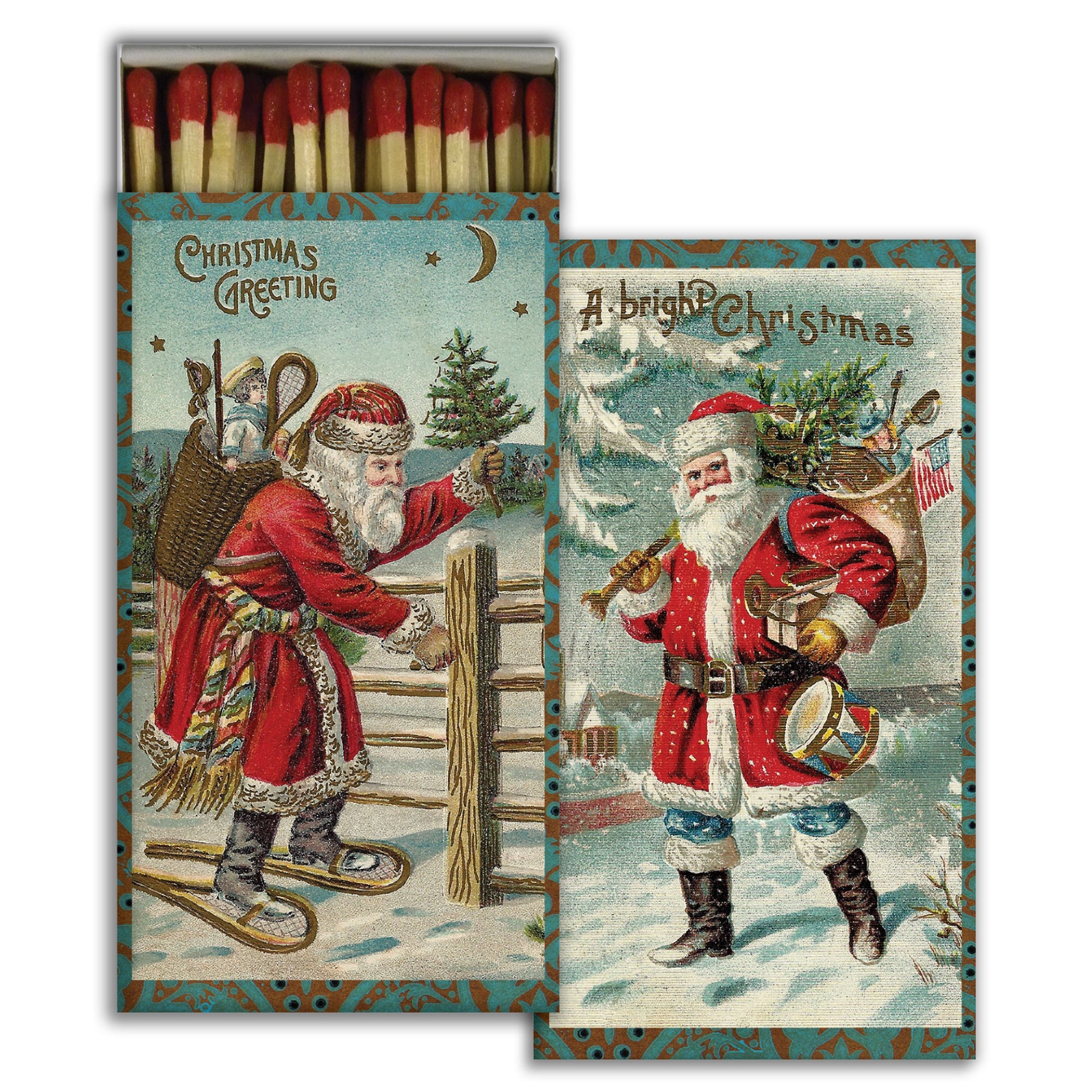 box of matches printed with vintage santa partially open showing red tip matches inside.