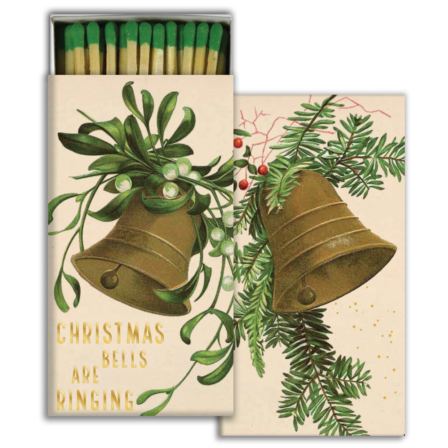 box of matches printed with bell and greenery design and "christmas bells are rings", partially open showing green tip matches inside.