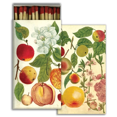orchard apples match boxes with vintage style art work of botanical study of peaches