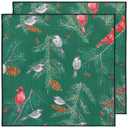 A set of green microfiber dishcloths with a Christmas pattern featuring birds and boughs.
