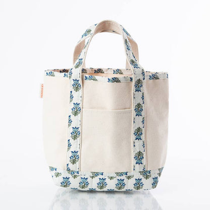 off white tote with aqua floral printed handles and trim