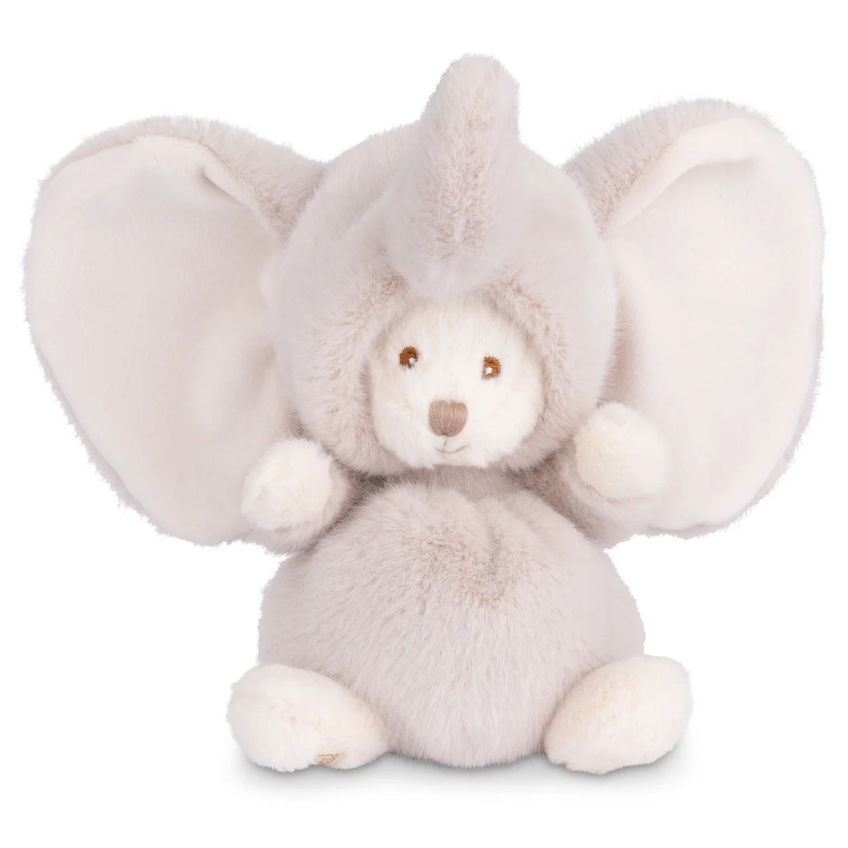 white plush teddy bear wearing an elephant costume