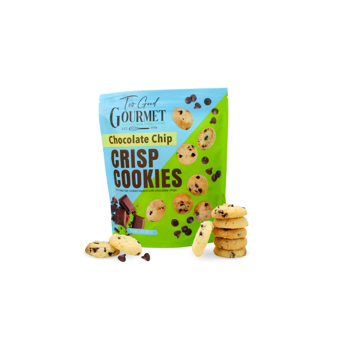 A bag of The Good Gourmet Chocolate Chip Crisp Cookies standing on a white background with several cookies scattered in front and a small stack of cookies to the right.
