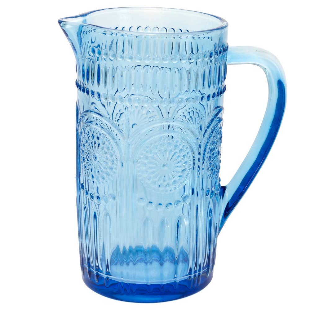 Sky Blue Glass Pitcher with embossed designs shown on a white background