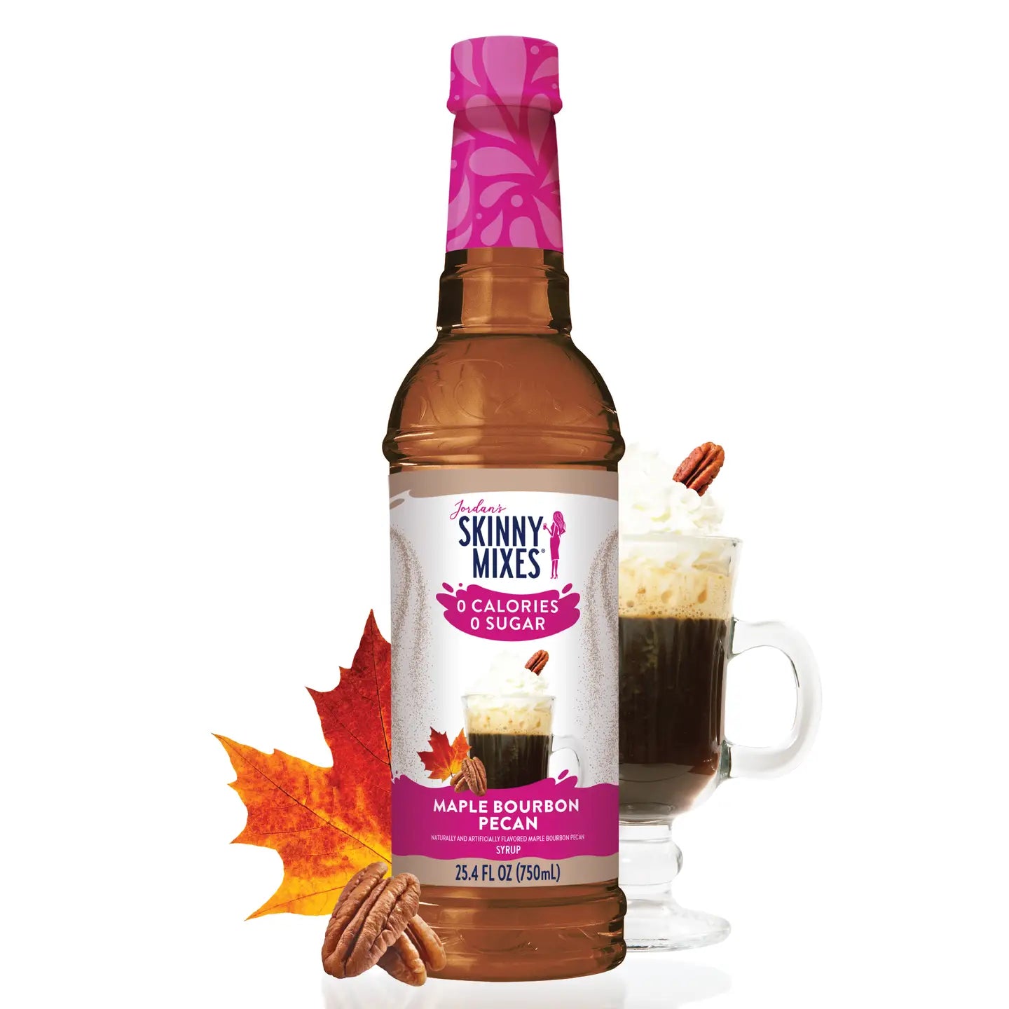 bottle of Maple Bourbon Pecan Sugar Free Syrup with a coffer drink, maple leaf, and pecans arranged around it