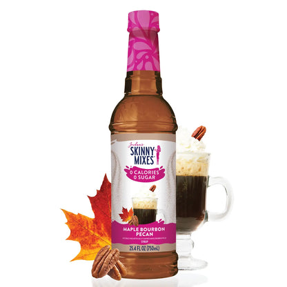 bottle of Maple Bourbon Pecan Sugar Free Syrup with a coffer drink, maple leaf, and pecans arranged around it