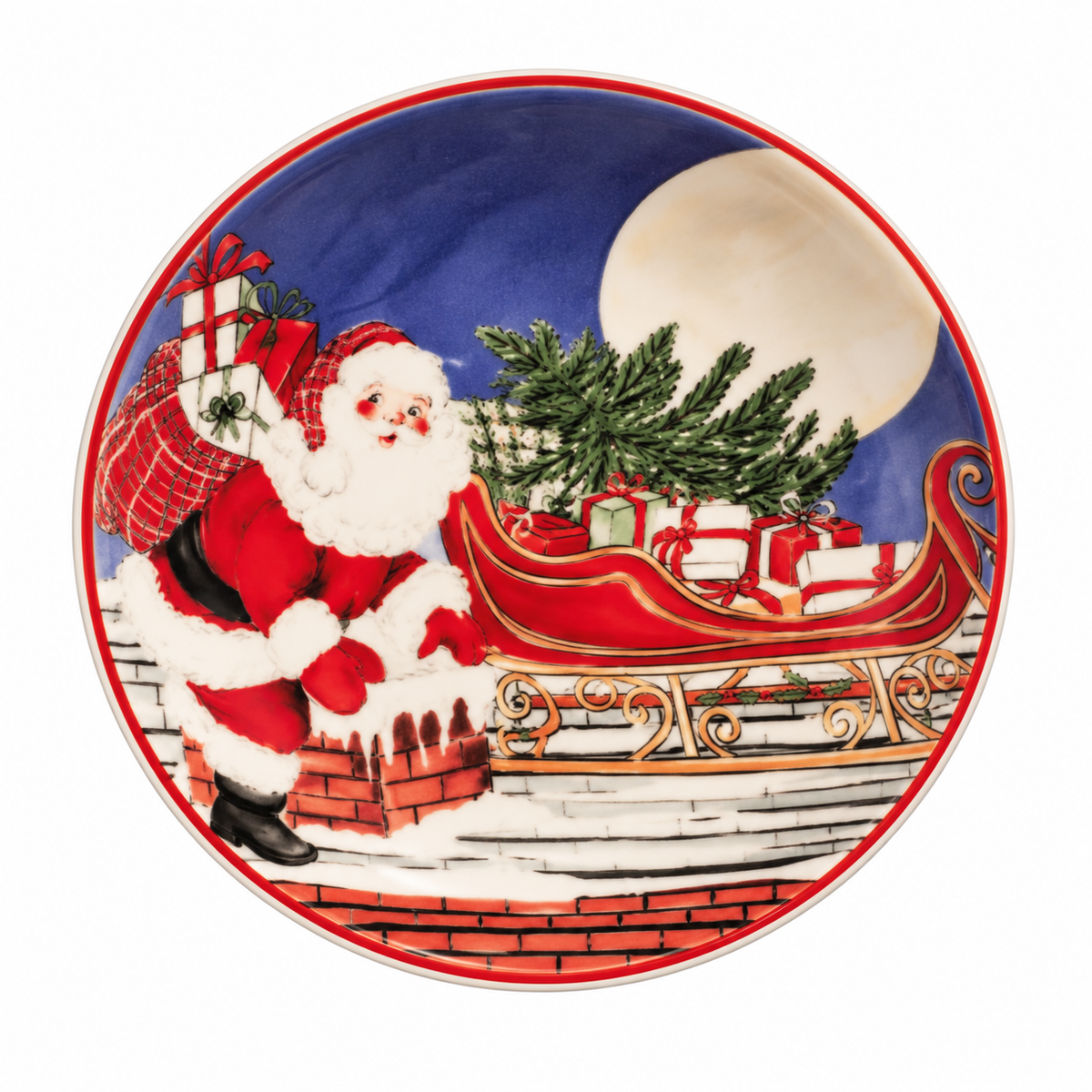 A round small plate featuring a festive Christmas scene with Santa Claus in a red suit and white beard, pushing a red sleigh loaded with wrapped gifts under a large full moon, with a brick chimney in the foreground.