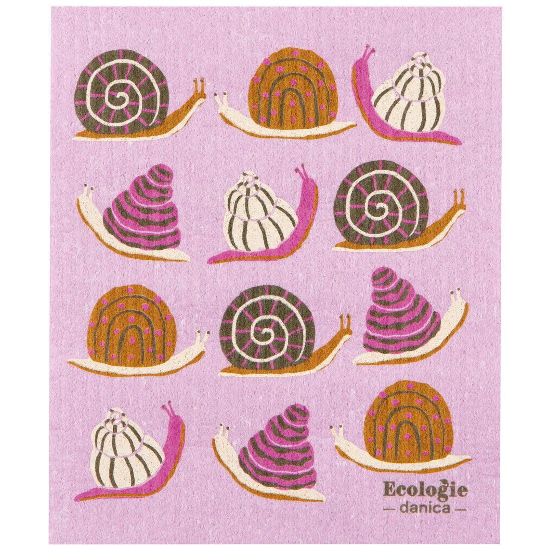 pink dishcloth with pink and orange snails printed on it