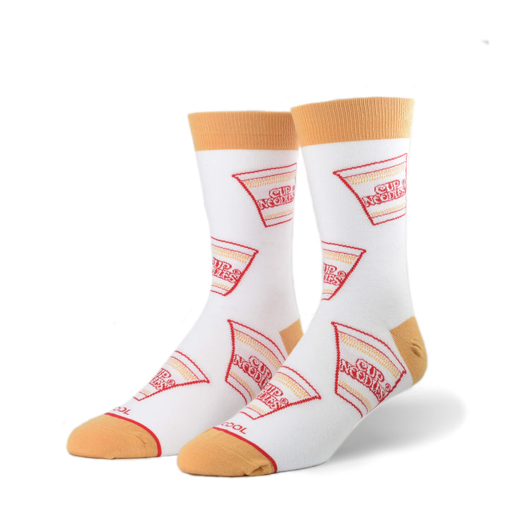 side angled view of the cup noodles all over men's crew socks displayed against a white background