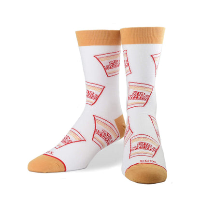 front view of the cup noodles all over men's crew socks displayed against a white background
