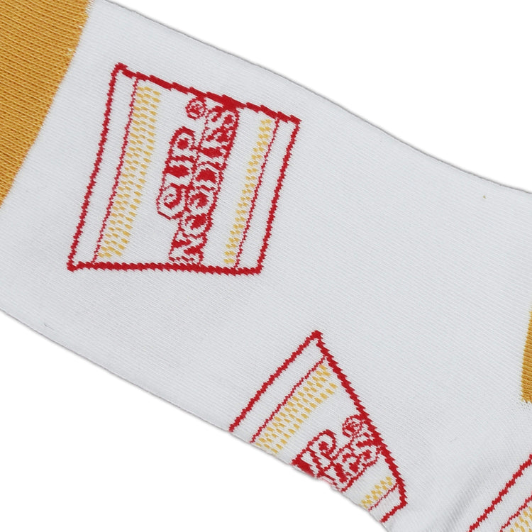 close up view of the cup noodles all over men's sock displayed against a white background