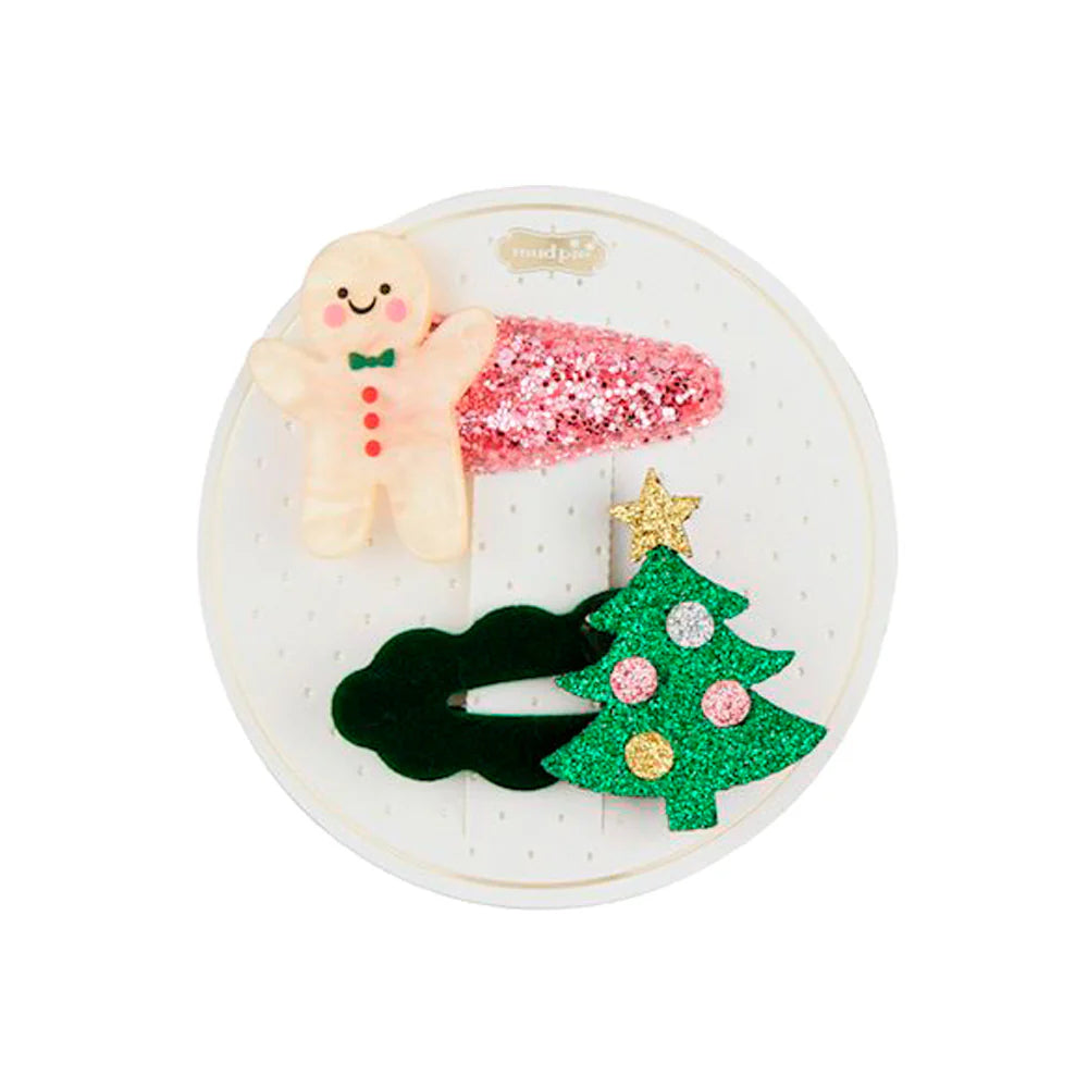 gingerbread man and tree hair clip set on its card packaging.