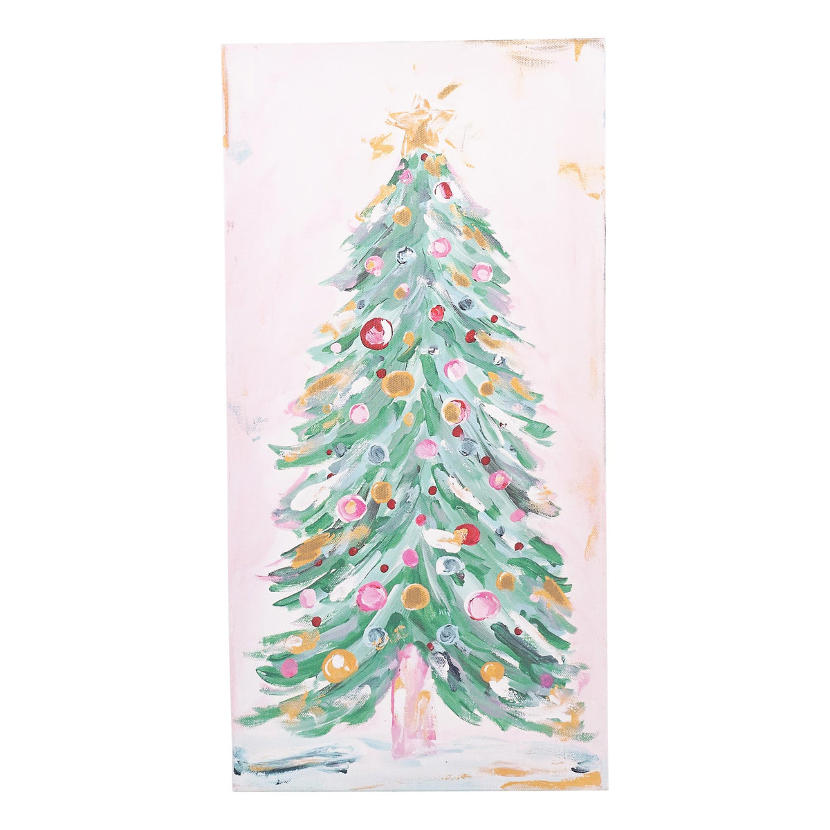 A vertical watercolor painting of a decorated Christmas tree on a pale pink background, with a gold star at the top and colorful ornaments.