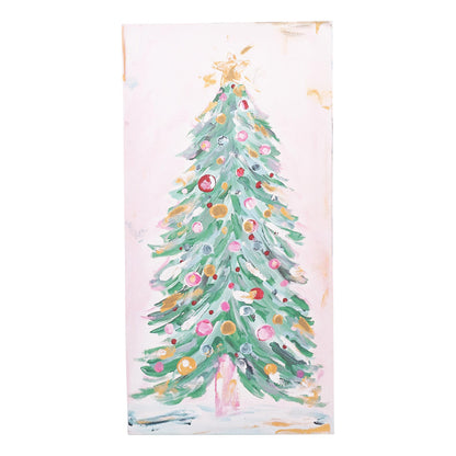 A vertical watercolor painting of a decorated Christmas tree on a pale pink background, with a gold star at the top and colorful ornaments.
