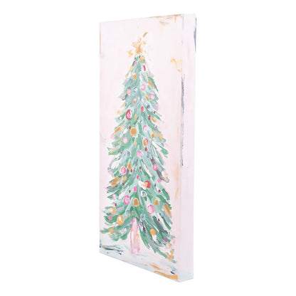 angled view of christmas tree art work showing thickneess of canvas
