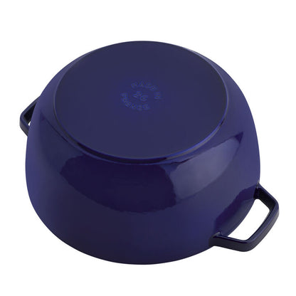 Bottom view of dark blue French oven showing the base of the pot