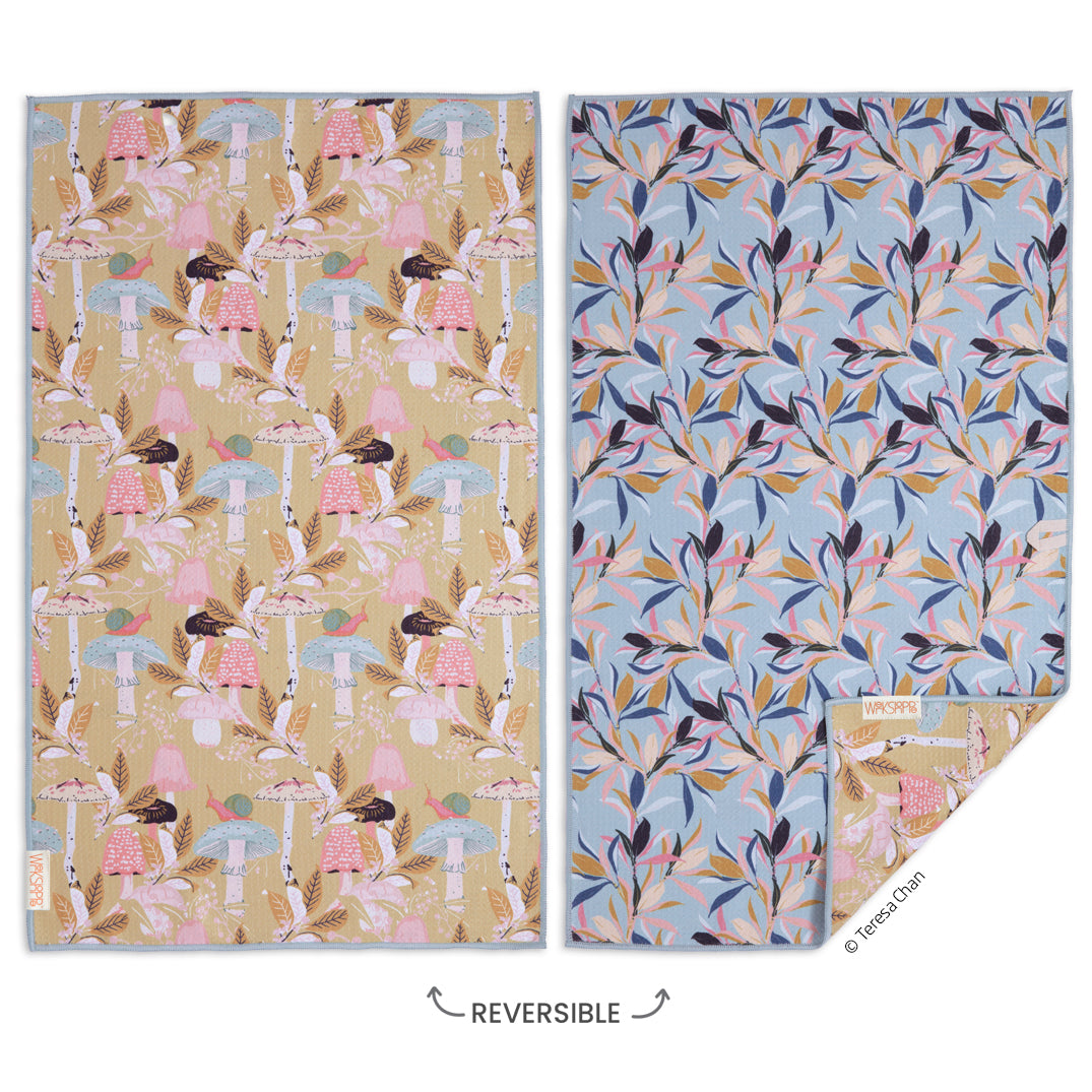 woodland mushroom dishtowel front view and back view on a white background