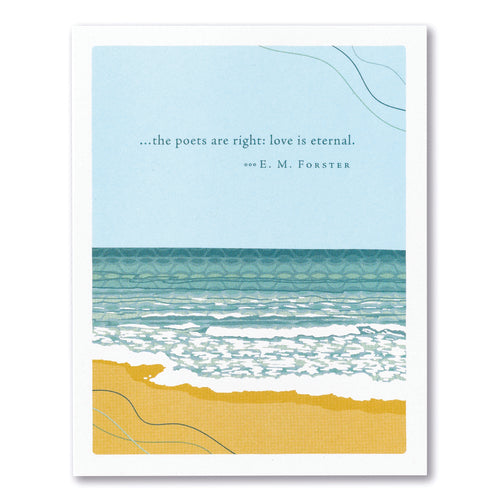 front of card has rolling waves at a beach and blue text listed in the description