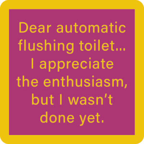 automatic flush coaster is purple with yellow trim and text listed in the description