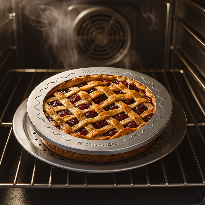 cherry pie with lattice design and Pie Crust Shield on it in a hot oven