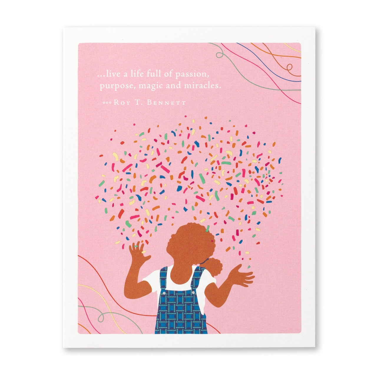 front of card is pink with a little girl throwing confetti in the air and white text listed in the title