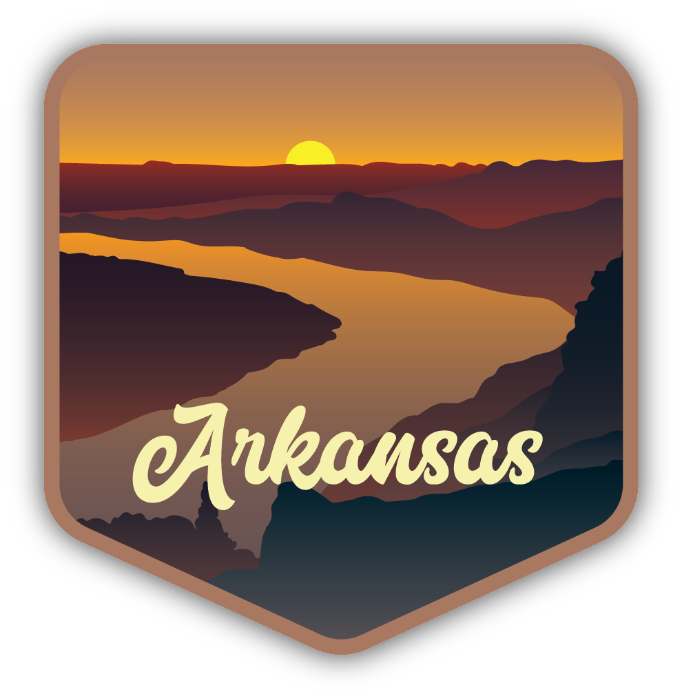 sticker has graphic of river running through low mountain ridges at sunset with "arkansas" in pale yellow script at the bottom.