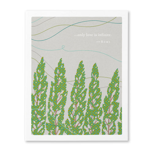 front of card has tall green trees against a gray sky and text listed in the title