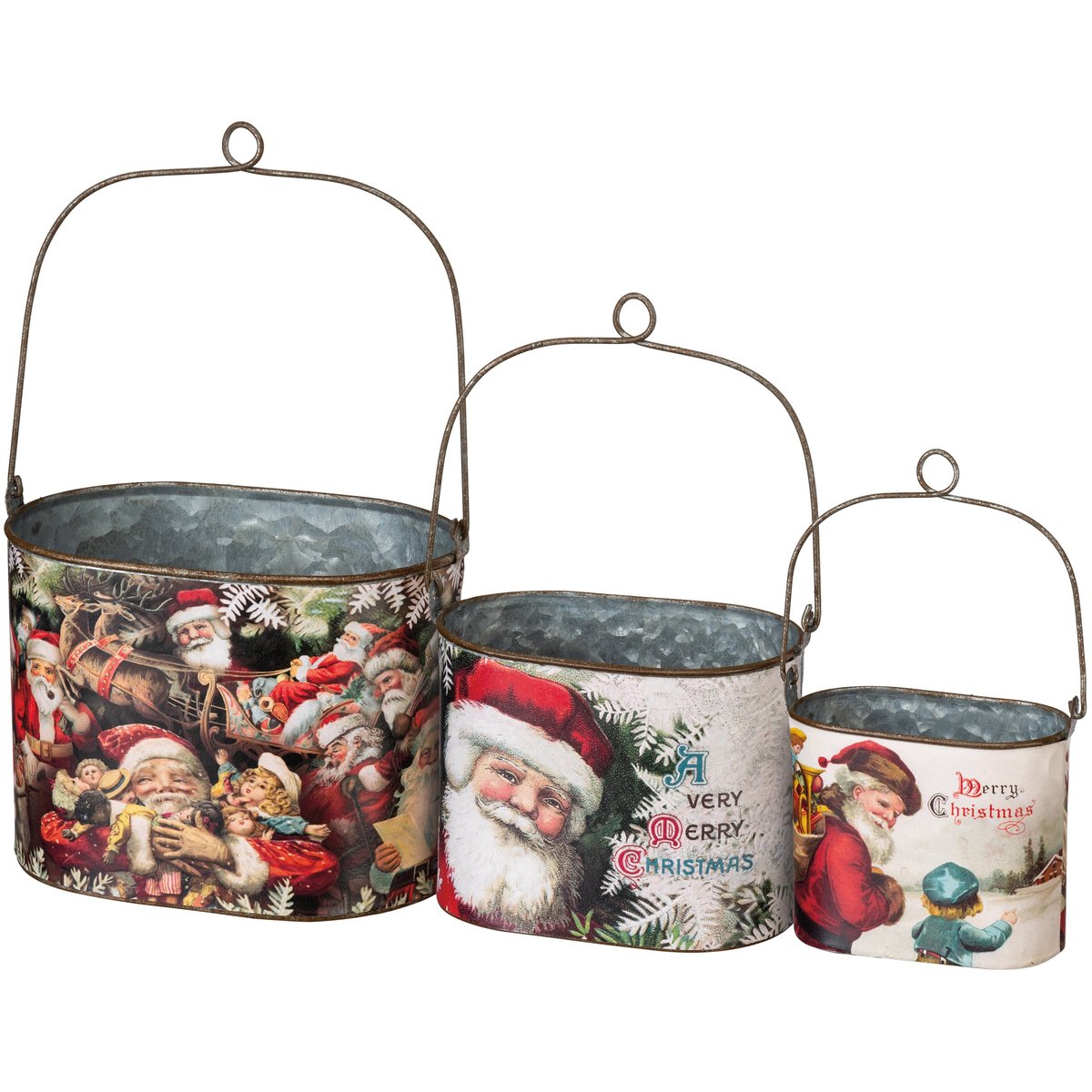 Three vintage-style metal Christmas buckets in a nested size progression, decorated with festive Santa Claus illustrations and holiday text, on a plain white background.