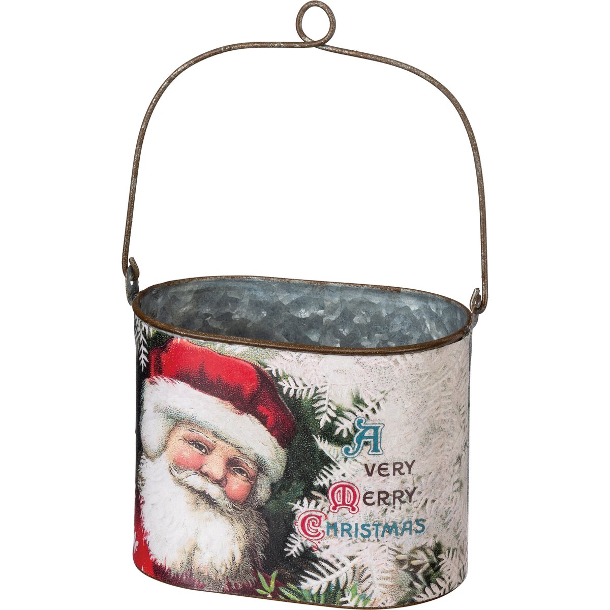 A vintage-style metal hanging bucket with a handle, featuring a printed illustration of Santa Claus and the text 'A VERY Merry Christmas' on a white background.