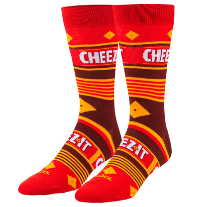angled view of the cheez it crackers men's crew socks displayed against a white background