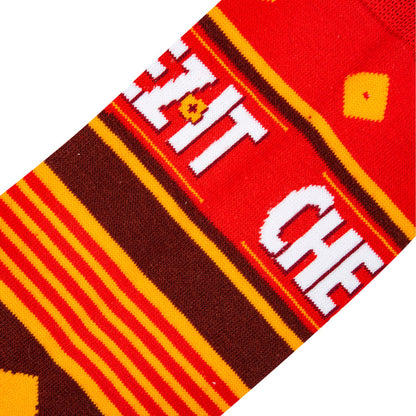 close up view of the cheez it crackers men's crew sock displayed against a white background