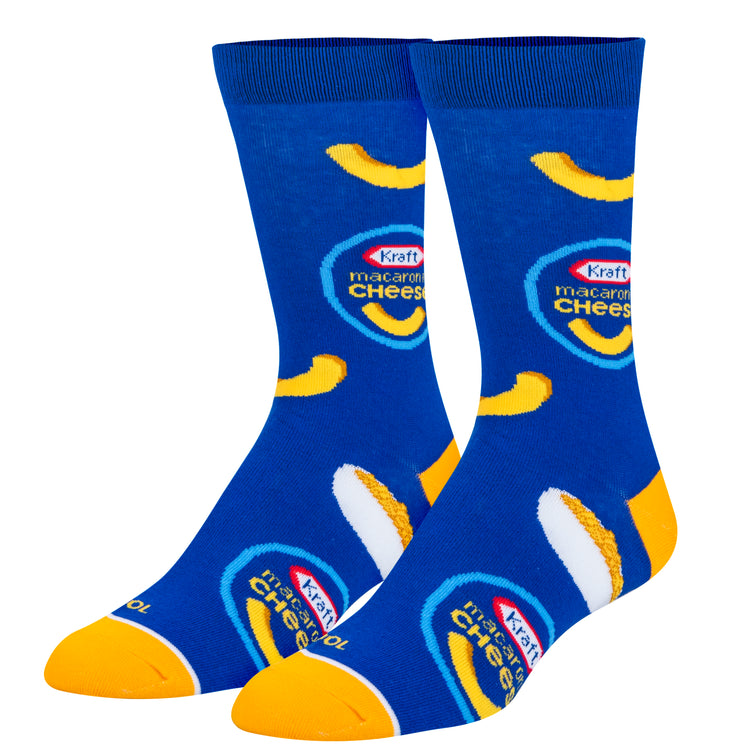 mac and cheese socks on a white background.